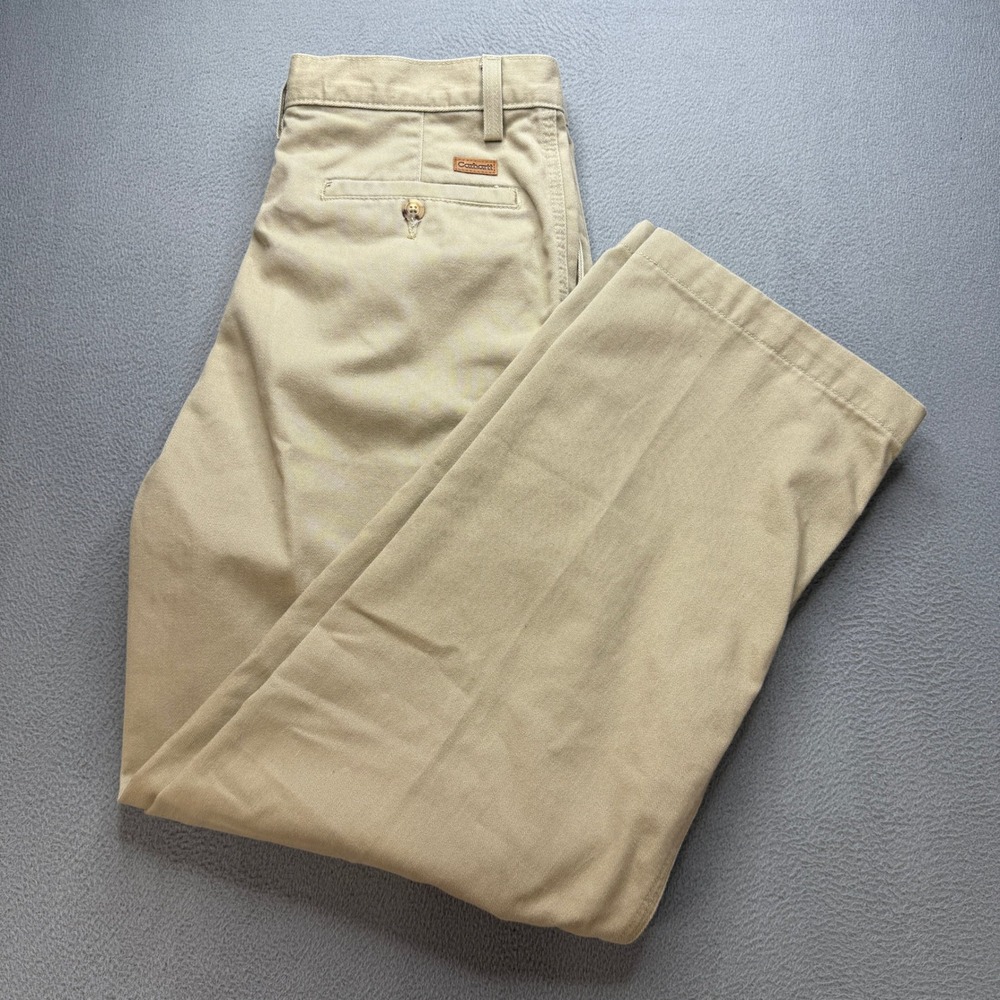 VTG Carhartt Pleated Front Khaki Pants Mens 33x30 (FIT 32x29) Tan Cotton Chinos